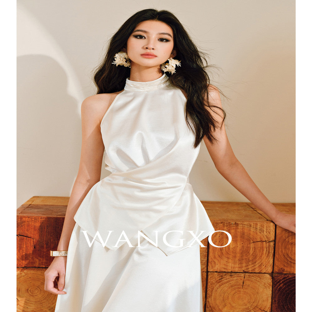 WANGXO Mao Linlin Same Style Pearl Shining Luxury Gilded Satin Hanging Neck and Waist Top Umbrella Skirt Set image 21