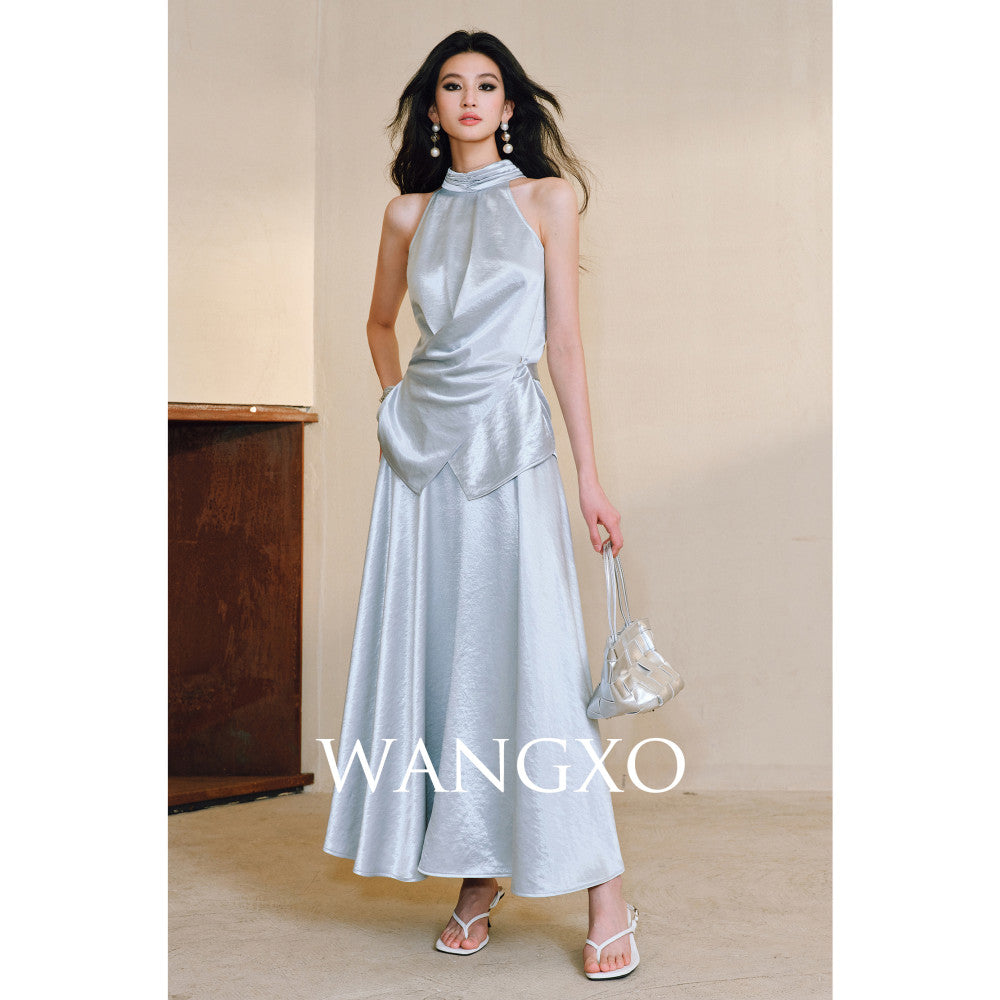 WANGXO Mao Linlin Same Style Pearl Shining Luxury Gilded Satin Hanging Neck and Waist Top Umbrella Skirt Set image 37