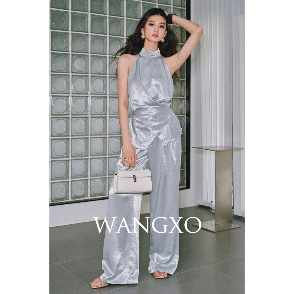 WANGXO Mao Linlin Same Style Pearl Shining Luxury Gilded Satin Hanging Neck and Waist Top Umbrella Skirt Set image 2