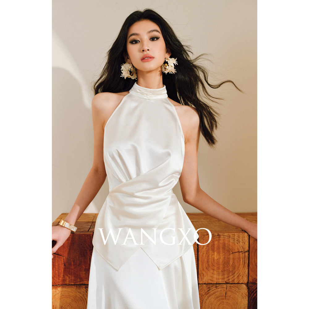 WANGXO Mao Linlin Same Style Pearl Shining Luxury Gilded Satin Hanging Neck and Waist Top Umbrella Skirt Set image 5