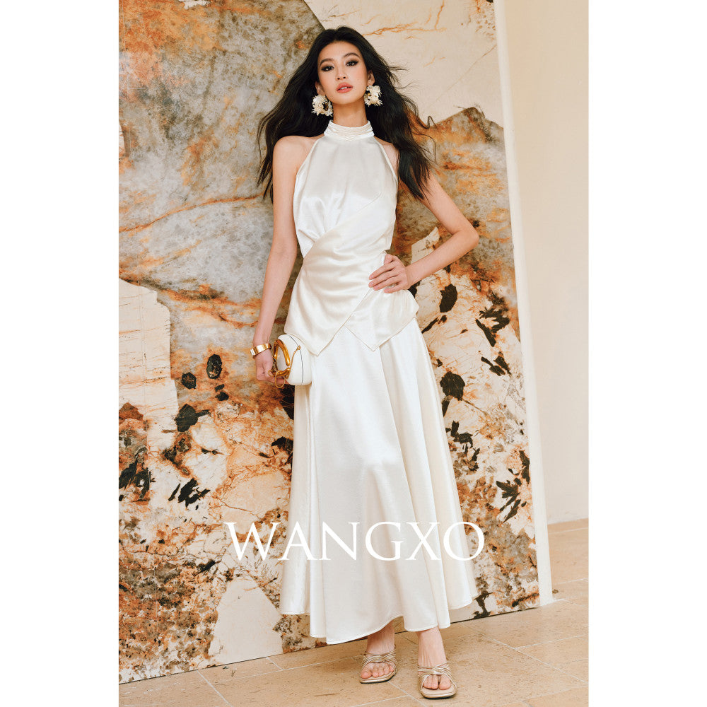 WANGXO Mao Linlin Same Style Pearl Shining Luxury Gilded Satin Hanging Neck and Waist Top Umbrella Skirt Set image 10
