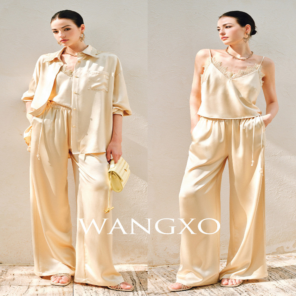WANGXO Hemp Texture Flowing Acetic Acid Satin Light Luxury Lace Strap u0026Shirt u0026Pants 3 Piece Set image 0