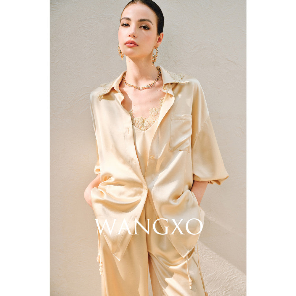WANGXO Hemp Texture Flowing Acetic Acid Satin Light Luxury Lace Strap u0026Shirt u0026Pants 3 Piece Set image 11