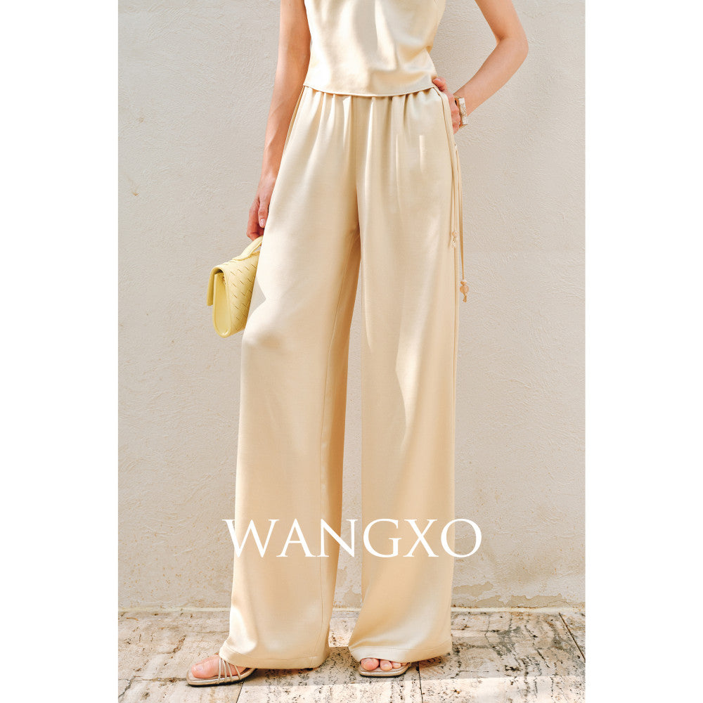 WANGXO Hemp Texture Flowing Acetic Acid Satin Light Luxury Lace Strap u0026Shirt u0026Pants 3 Piece Set image 12