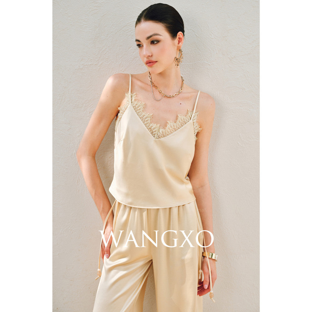 WANGXO Hemp Texture Flowing Acetic Acid Satin Light Luxury Lace Strap u0026Shirt u0026Pants 3 Piece Set image 21