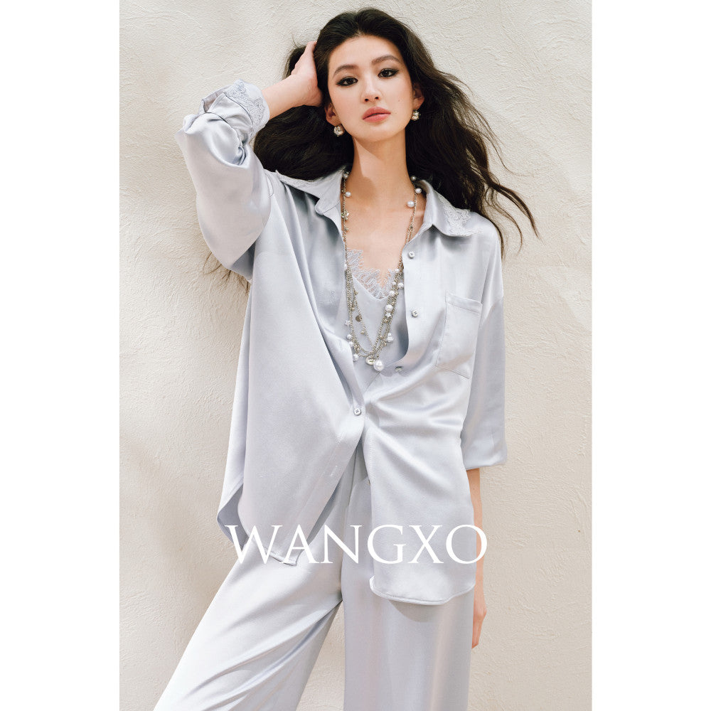WANGXO Hemp Texture Flowing Acetic Acid Satin Light Luxury Lace Strap u0026Shirt u0026Pants 3 Piece Set image 28