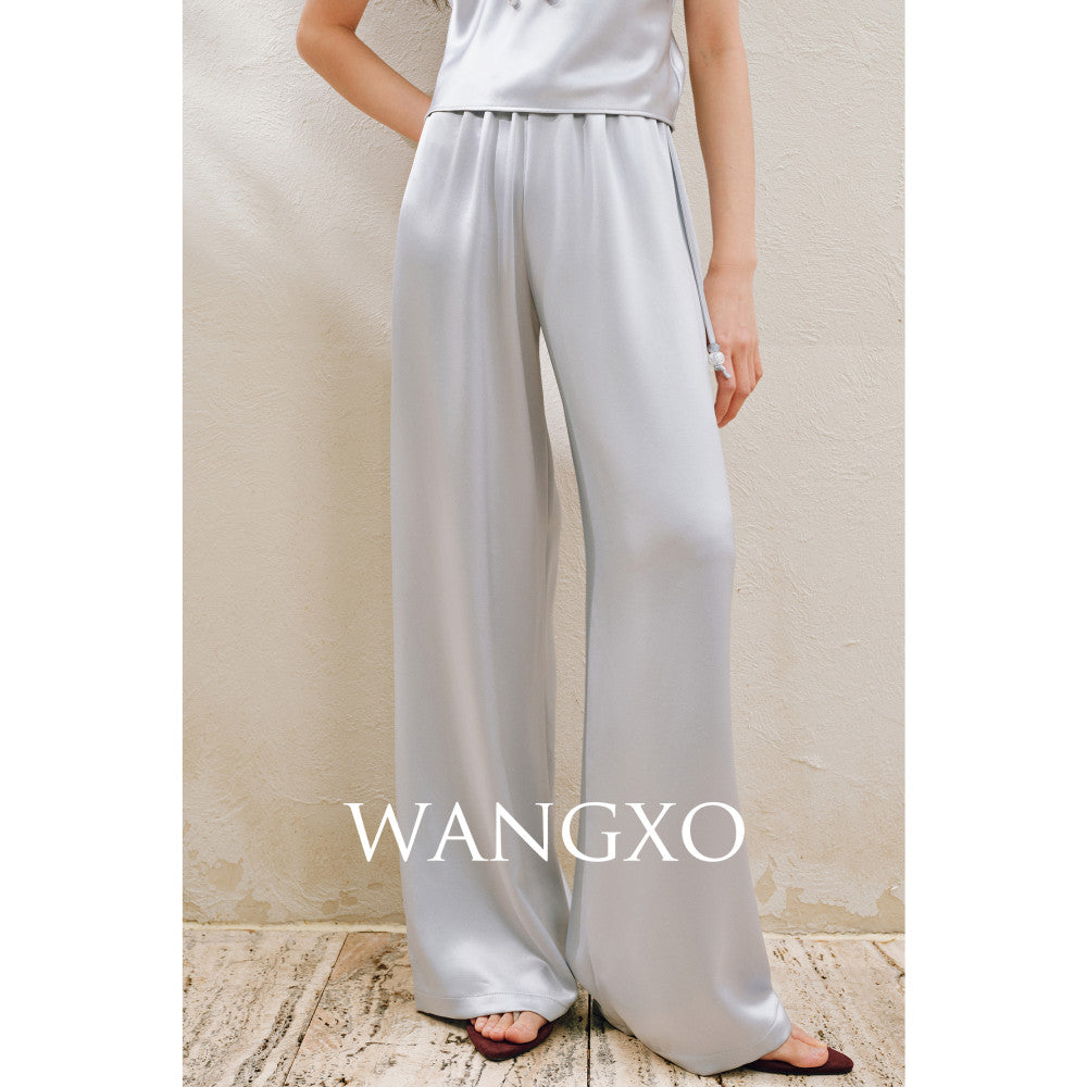 WANGXO Hemp Texture Flowing Acetic Acid Satin Light Luxury Lace Strap u0026Shirt u0026Pants 3 Piece Set image 33