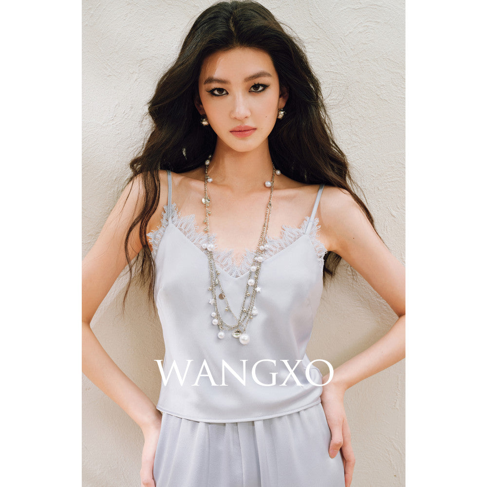WANGXO Hemp Texture Flowing Acetic Acid Satin Light Luxury Lace Strap u0026Shirt u0026Pants 3 Piece Set image 39