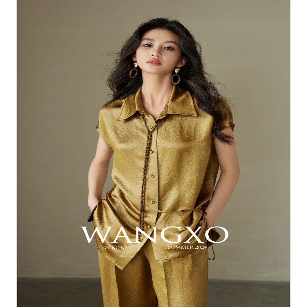 WANGXO 100 Acetic Acid Gloss Double sided Satin Special Paper Wrinkle Embossed Wrapping Top Wide Leg Pants Set image 1