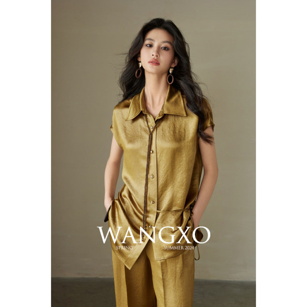 WANGXO 100 Acetic Acid Gloss Double sided Satin Special Paper Wrinkle Embossed Wrapping Top Wide Leg Pants Set image 11