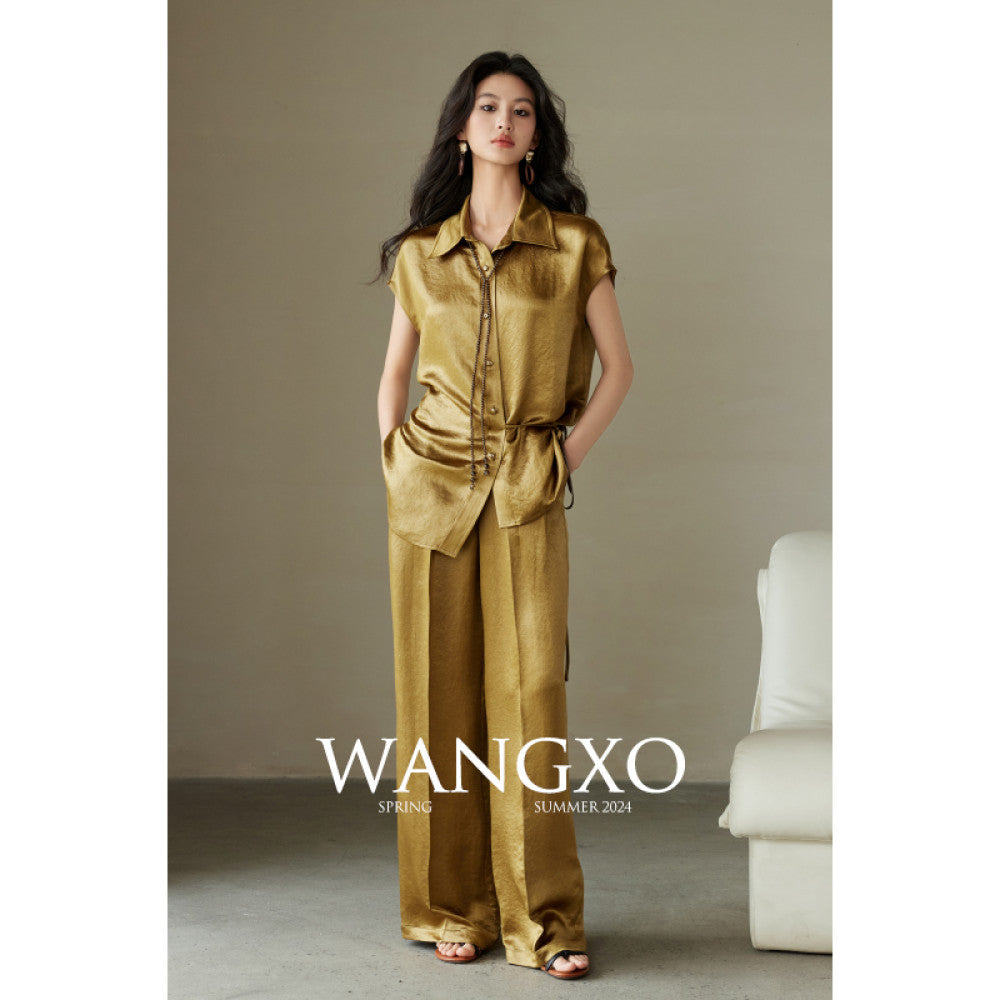 WANGXO 100 Acetic Acid Gloss Double sided Satin Special Paper Wrinkle Embossed Wrapping Top Wide Leg Pants Set image 16