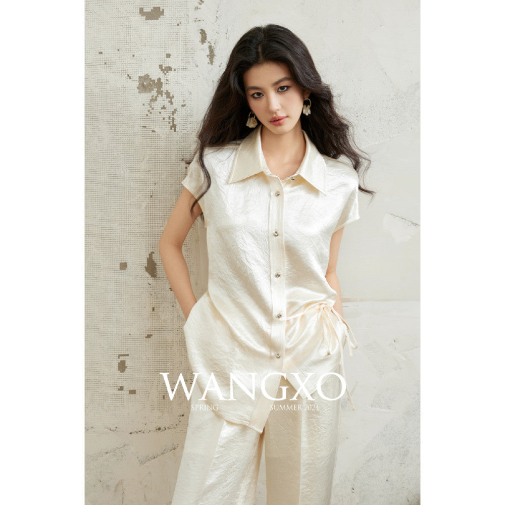 WANGXO 100 Acetic Acid Gloss Double sided Satin Special Paper Wrinkle Embossed Wrapping Top Wide Leg Pants Set image 20