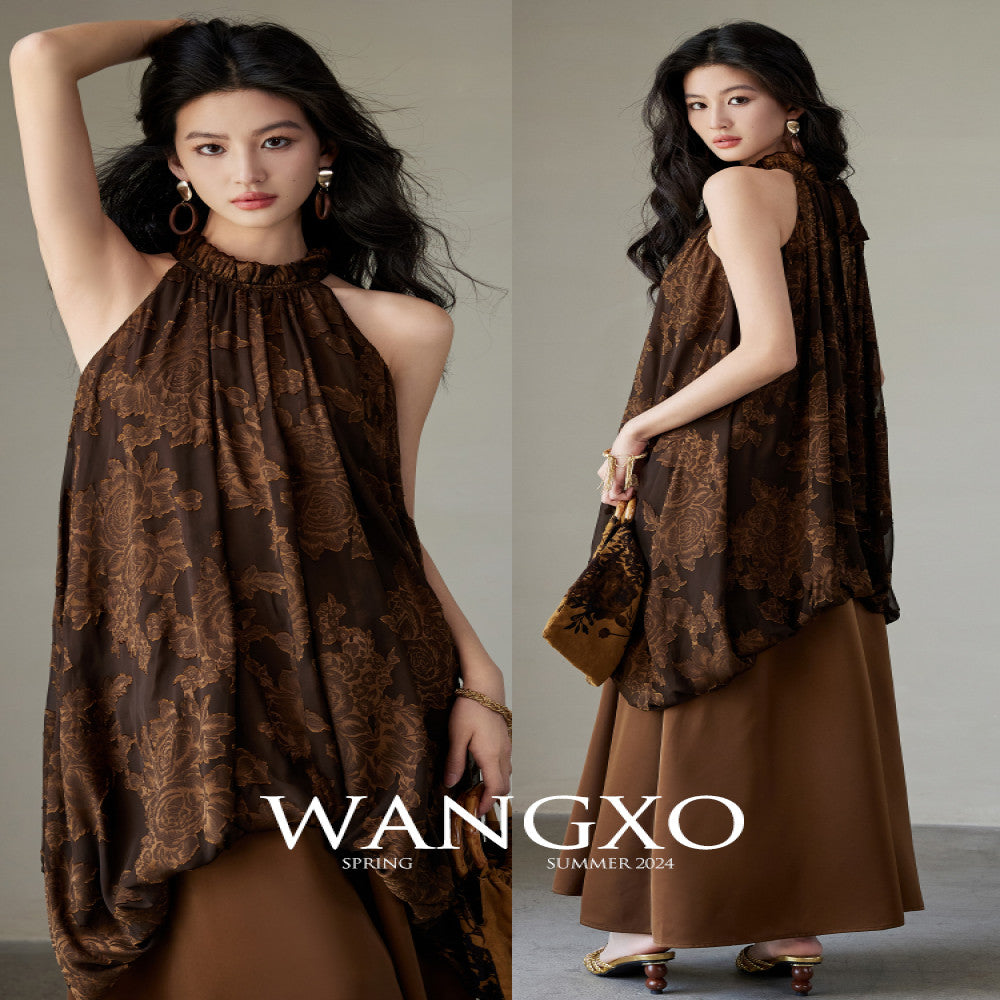 WANGXO Customized Qiaoqi Cut Flower Splicing Glossy Wall Satin Shoulder Trimming Neck Strap New Chinese Style Dress image 2