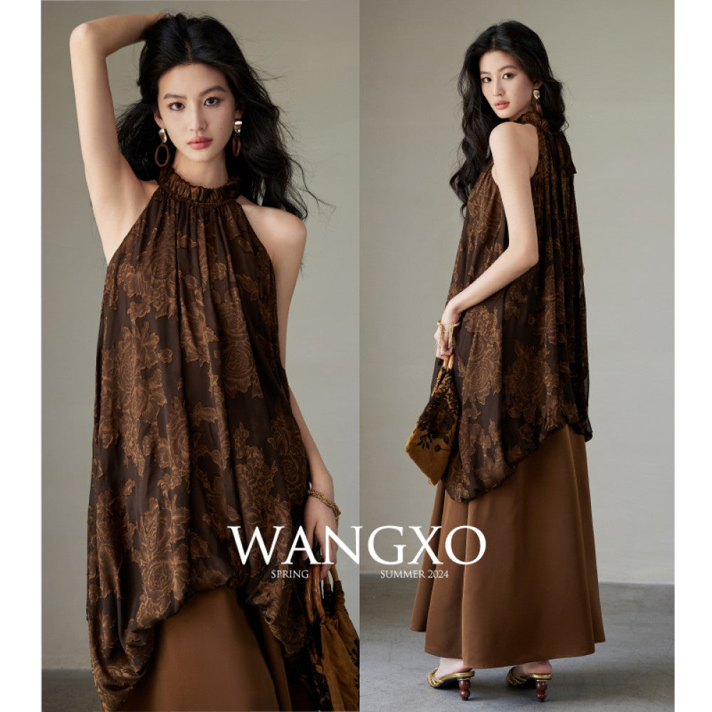 WANGXO Customized Qiaoqi Cut Flower Splicing Glossy Wall Satin Shoulder Trimming Neck Strap New Chinese Style Dress image 11