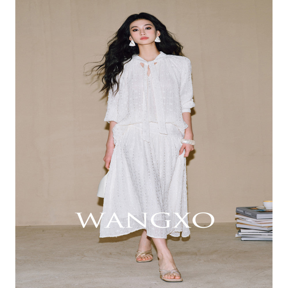 WANGXO Three dimensional particle jacquard semi transparent micro wrinkled texture Integrated ribbon V neck top and skirt set image 1