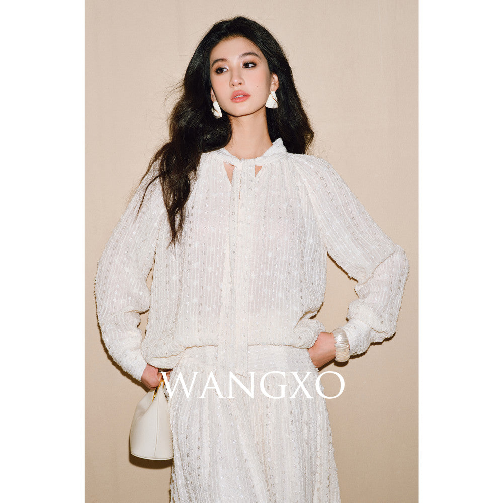 WANGXO Three dimensional particle jacquard semi transparent micro wrinkled texture Integrated ribbon V neck top and skirt set image 11