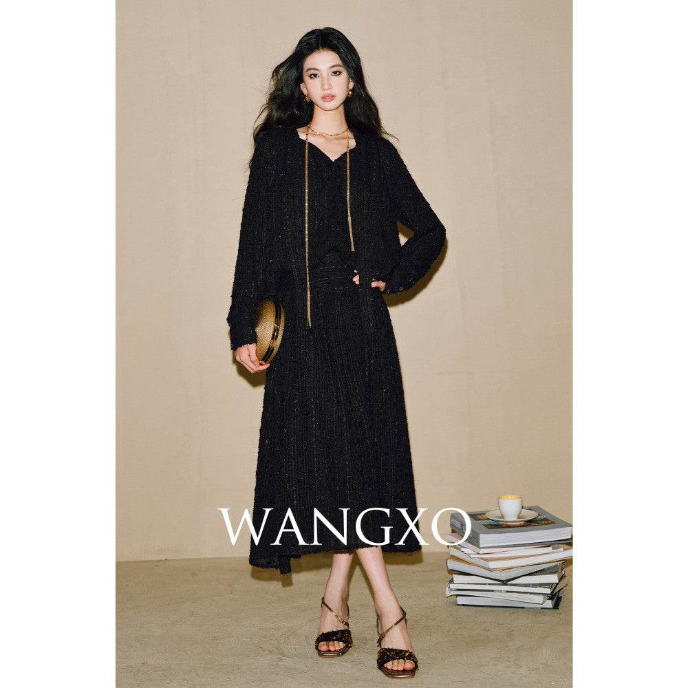 WANGXO Three dimensional particle jacquard semi transparent micro wrinkled texture Integrated ribbon V neck top and skirt set image 26
