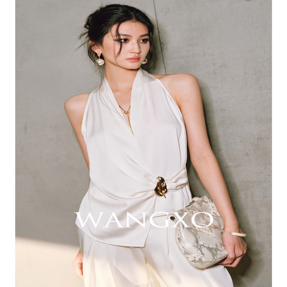 WANGXO High density satin pearl luster Metal leaf decoration deconstructive cutting hanging neck topu0026wide leg pants image 53