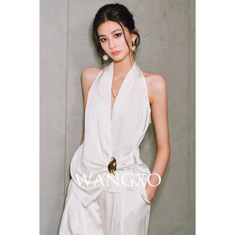 WANGXO High density satin pearl luster Metal leaf decoration deconstructive cutting hanging neck topu0026wide leg pants image 2