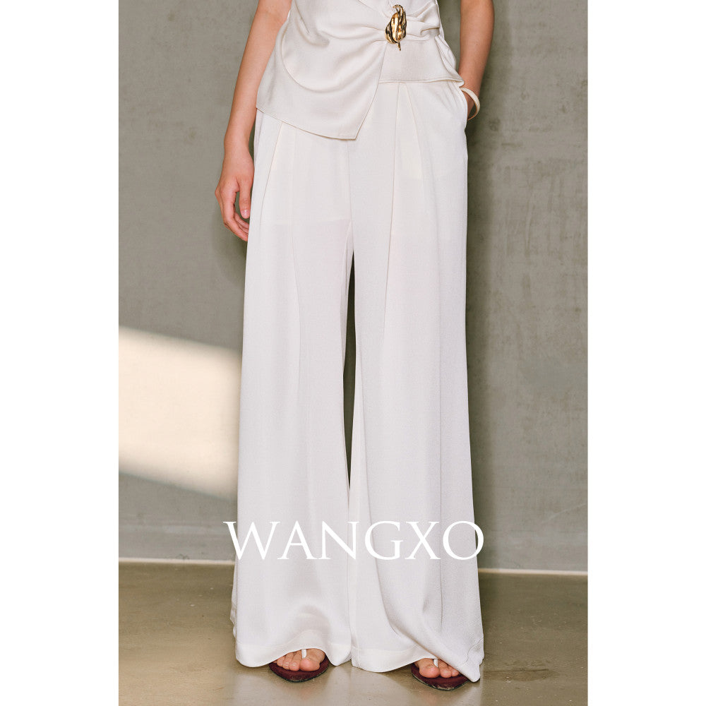 WANGXO High density satin pearl luster Metal leaf decoration deconstructive cutting hanging neck topu0026wide leg pants image 10