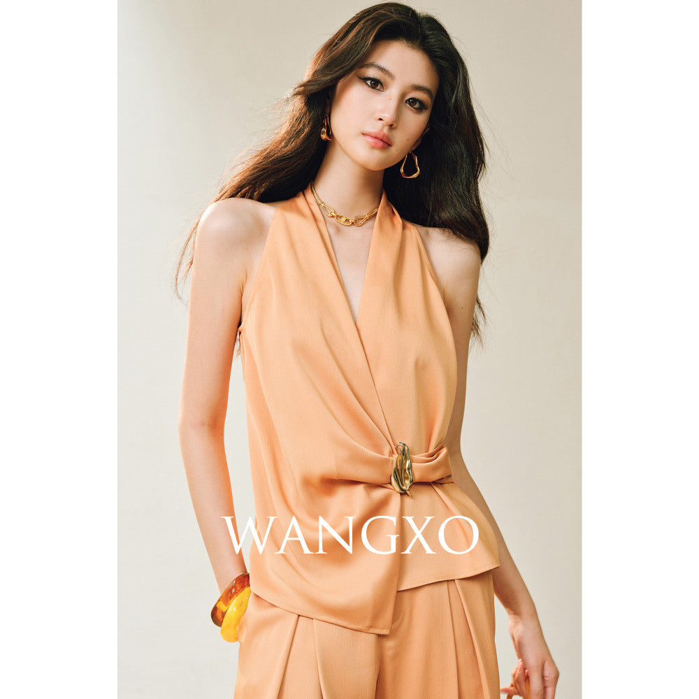 WANGXO High density satin pearl luster Metal leaf decoration deconstructive cutting hanging neck topu0026wide leg pants image 15