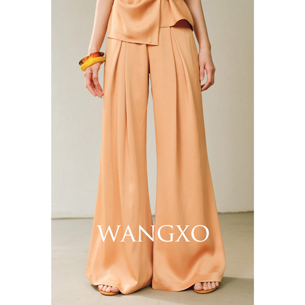 WANGXO High density satin pearl luster Metal leaf decoration deconstructive cutting hanging neck topu0026wide leg pants image 21