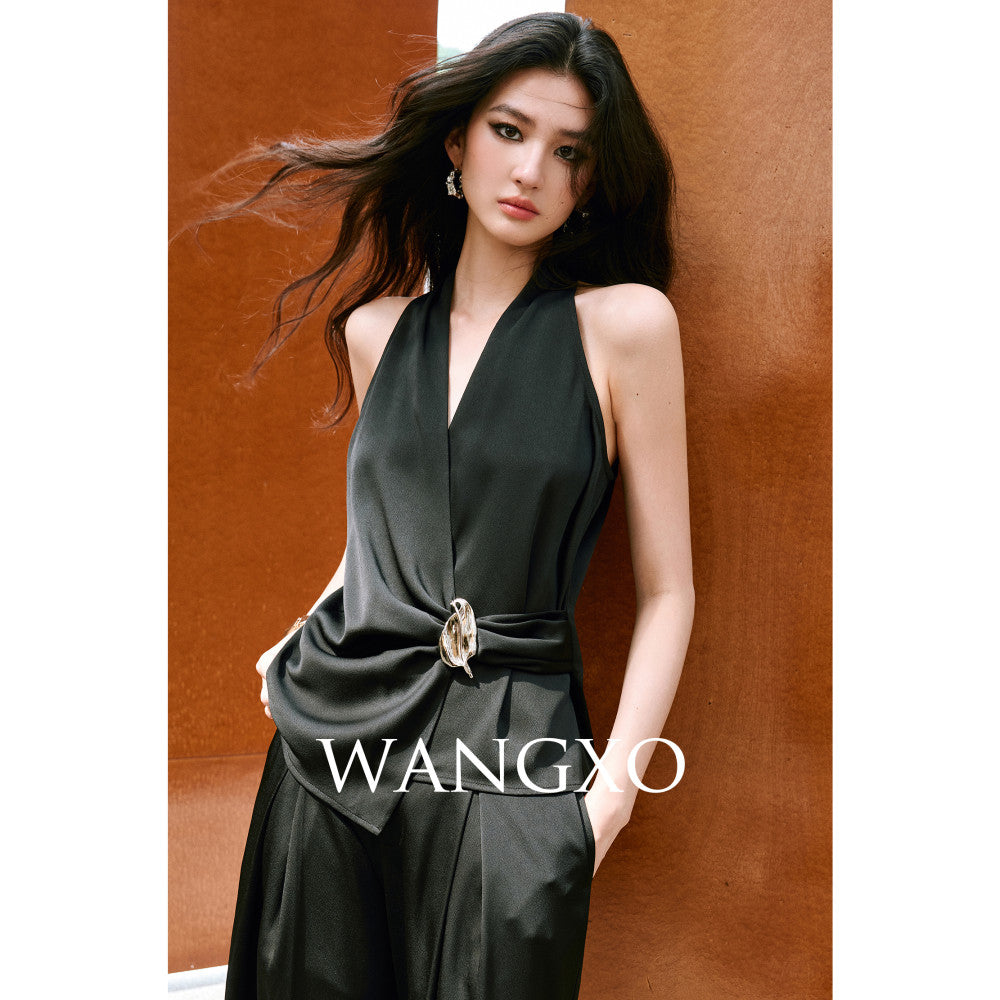 WANGXO High density satin pearl luster Metal leaf decoration deconstructive cutting hanging neck topu0026wide leg pants image 23