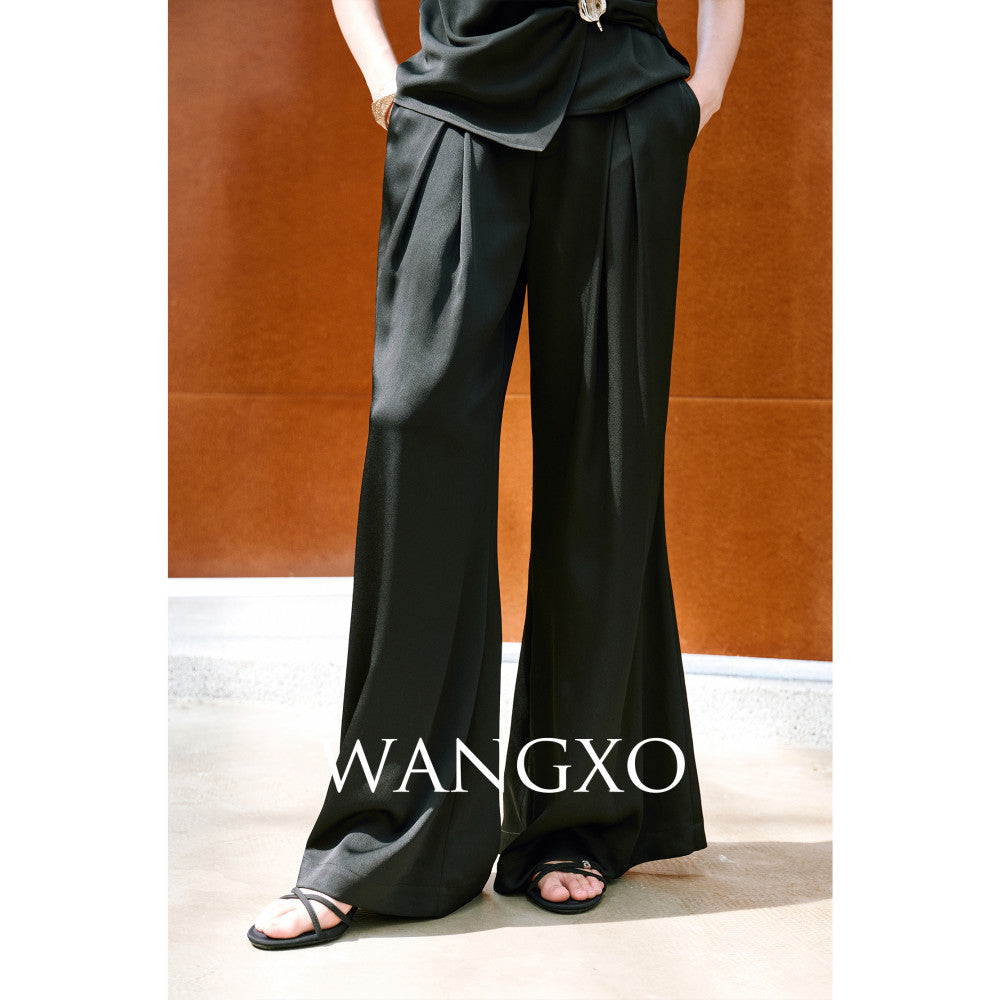 WANGXO High density satin pearl luster Metal leaf decoration deconstructive cutting hanging neck topu0026wide leg pants image 33