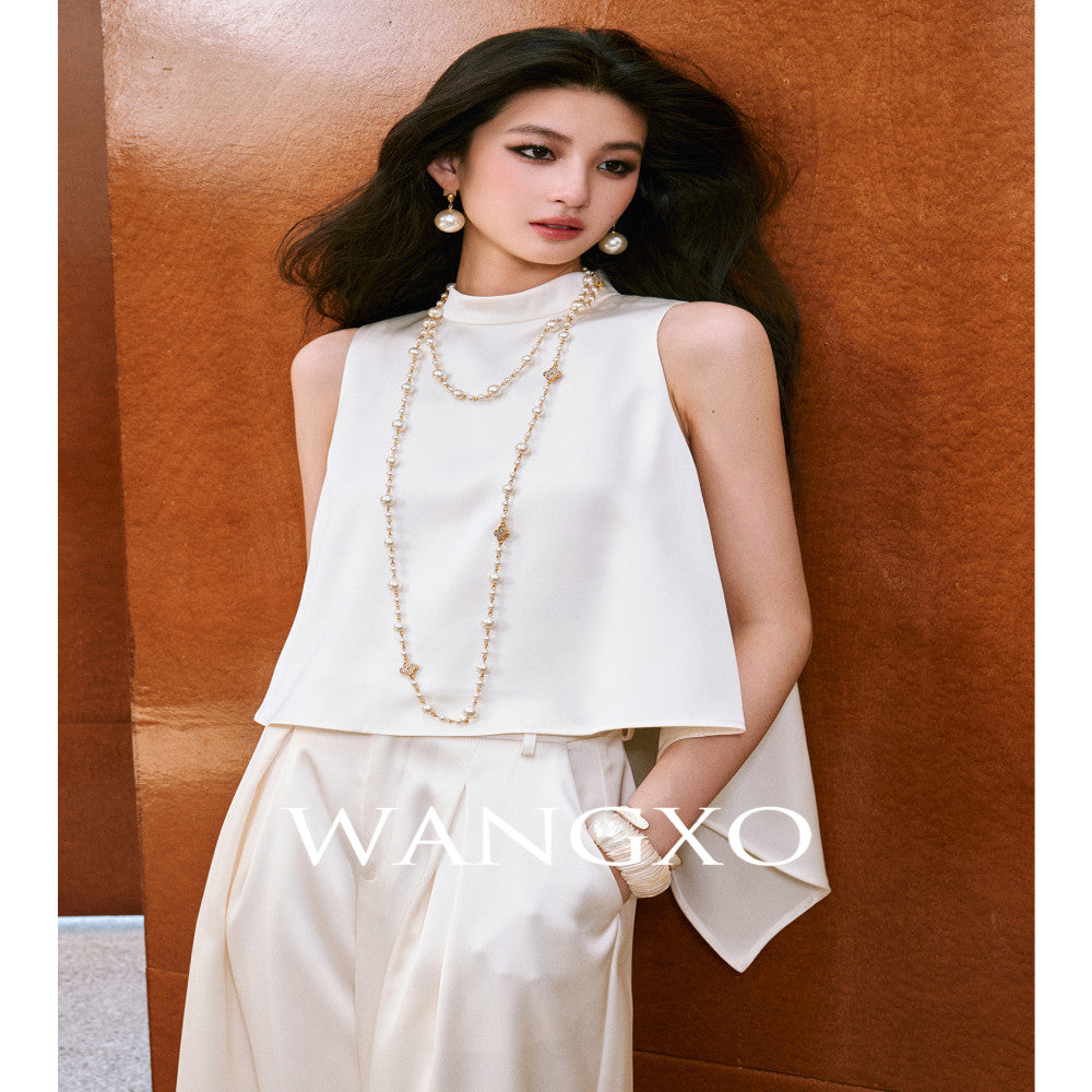 WANGXO High density twill satin with a silky feel A piece sleeveless top u0026slimming pleated wide leg pants image 0