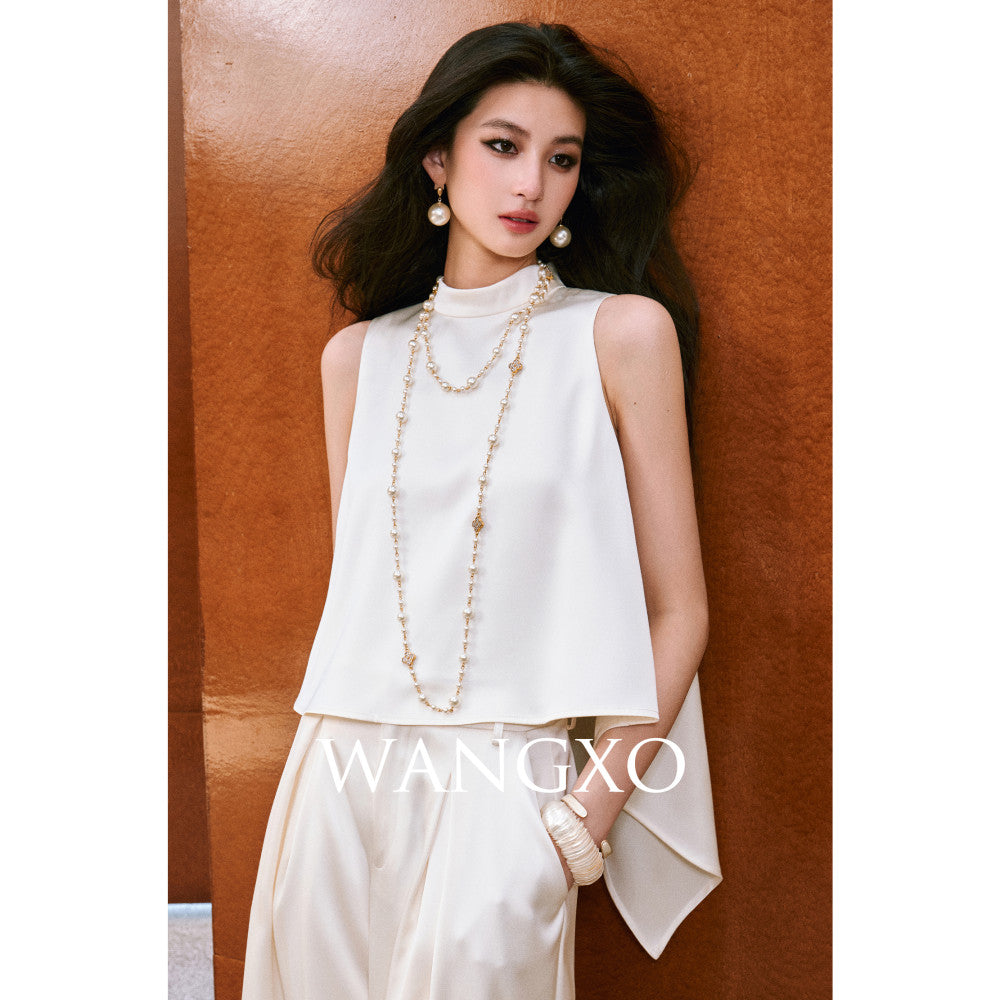 WANGXO High density twill satin with a silky feel A piece sleeveless top u0026slimming pleated wide leg pants image 9