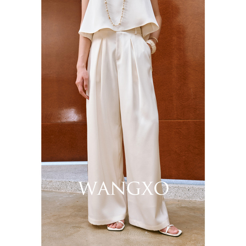 WANGXO High density twill satin with a silky feel A piece sleeveless top u0026slimming pleated wide leg pants image 13