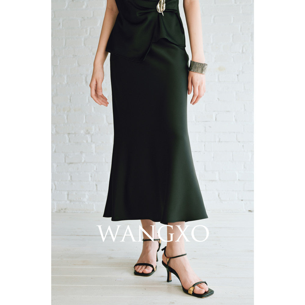 WANGXO High density satin pearl luster Metal leaf decoration deconstructive cutting hanging neck topu0026wide leg pants image 50