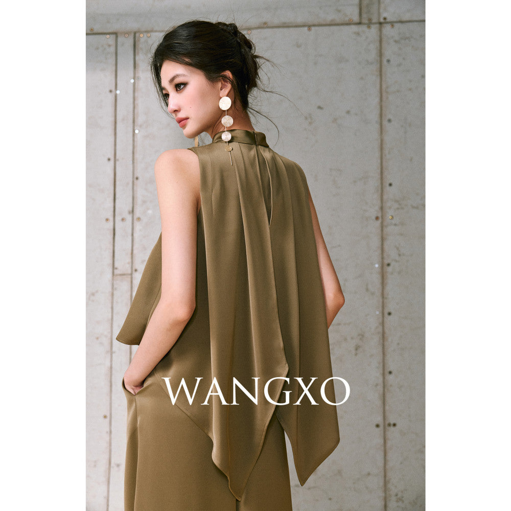 WANGXO High density twill satin with a silky feel A piece sleeveless top u0026slimming pleated wide leg pants image 21