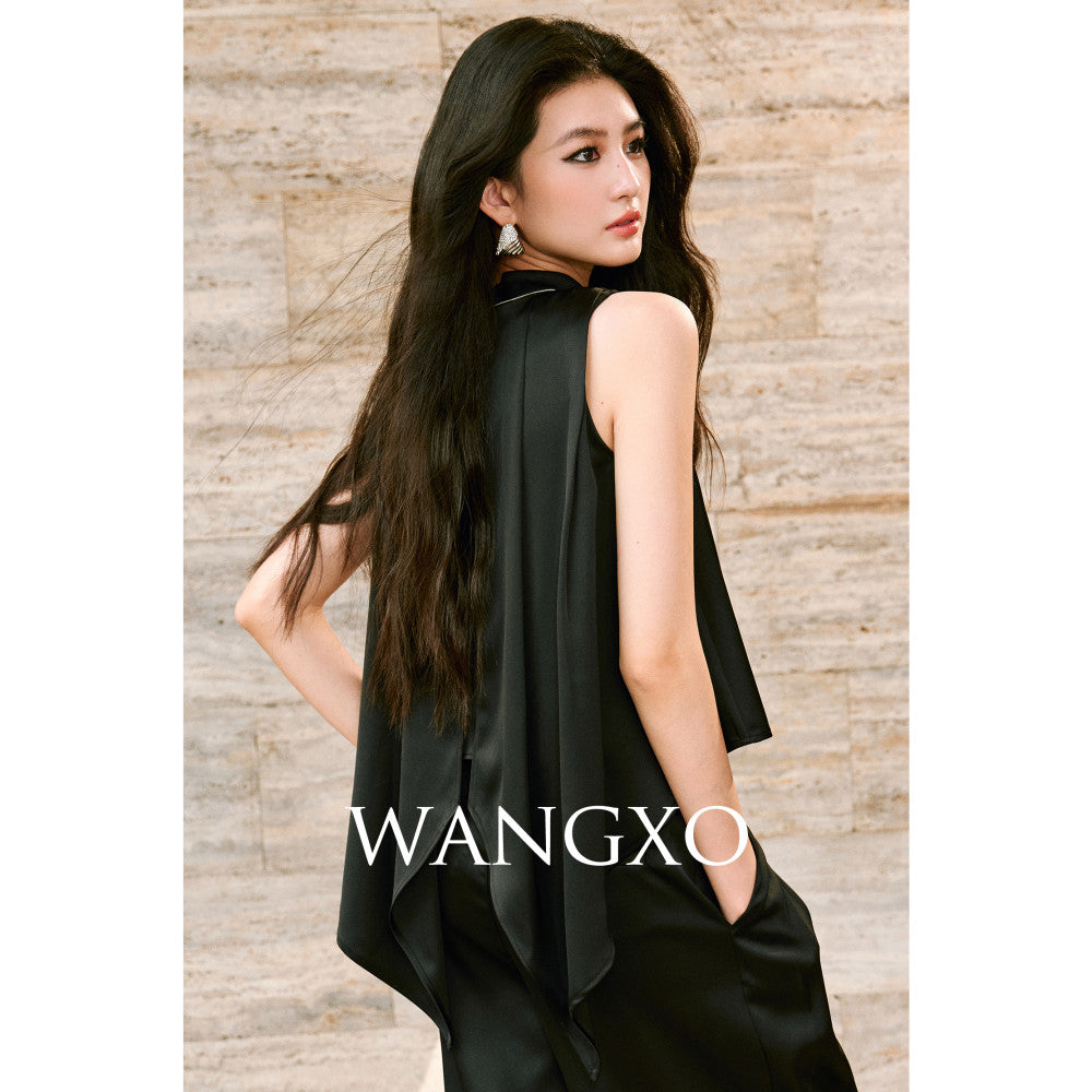 WANGXO High density twill satin with a silky feel A piece sleeveless top u0026slimming pleated wide leg pants image 35