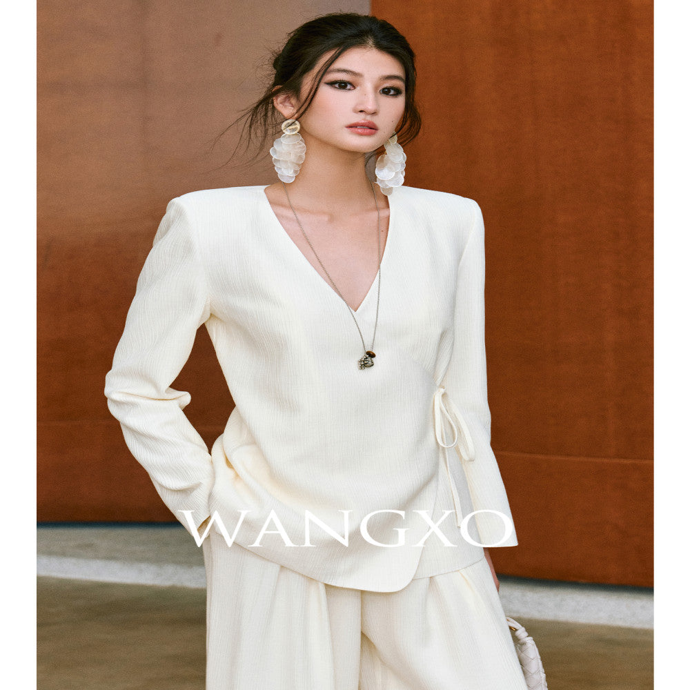 WANGXO Texture Touching Cotton Drawstring Satin Deconstructed Cross Collar Strap Waist Top u0026High Waist Wide Leg Pants image 2
