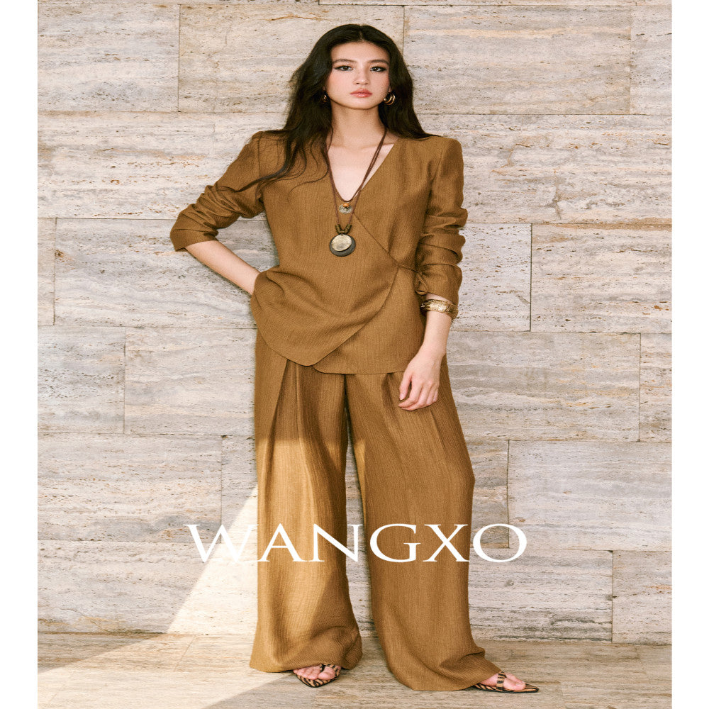 WANGXO Texture Touching Cotton Drawstring Satin Deconstructed Cross Collar Strap Waist Top u0026High Waist Wide Leg Pants image 3