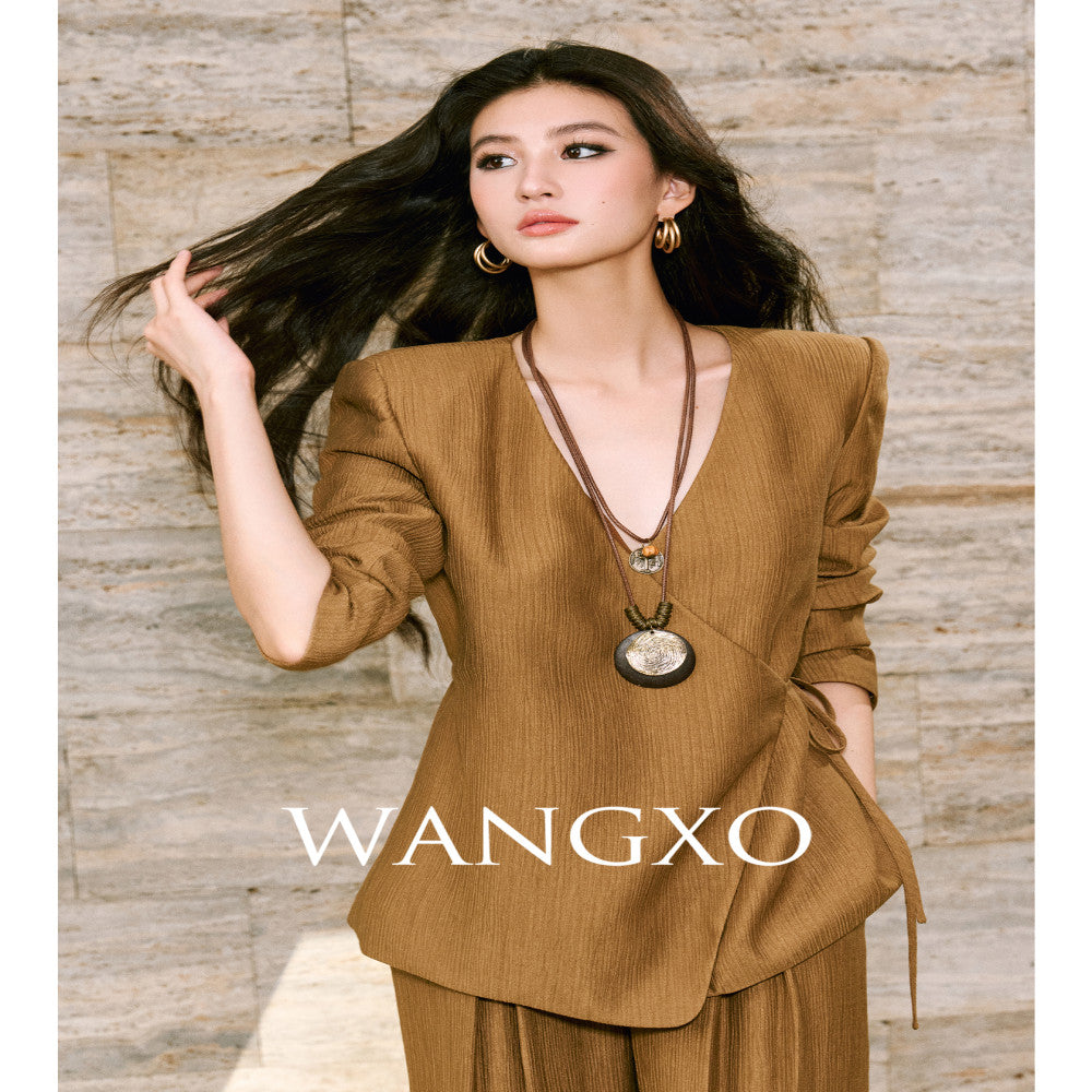 WANGXO Texture Touching Cotton Drawstring Satin Deconstructed Cross Collar Strap Waist Top u0026High Waist Wide Leg Pants image 4