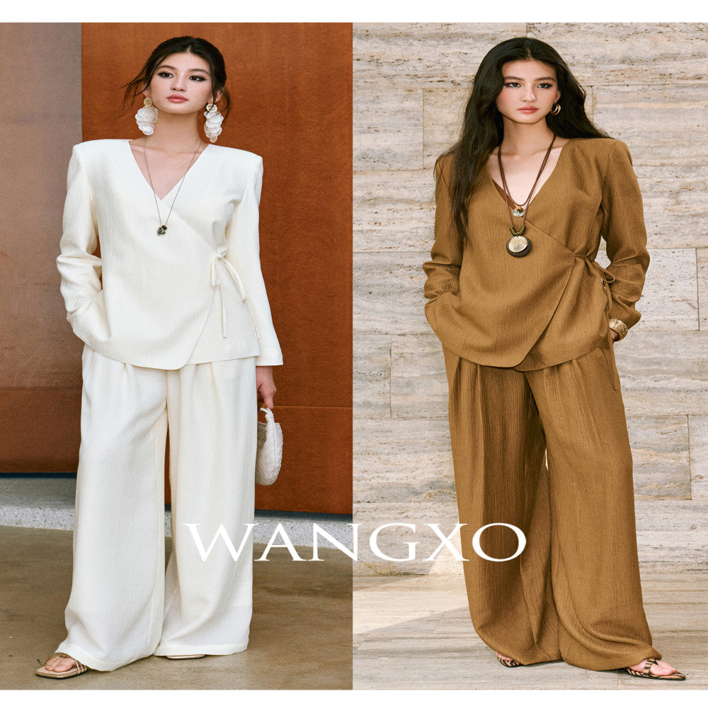 WANGXO Texture Touching Cotton Drawstring Satin Deconstructed Cross Collar Strap Waist Top u0026High Waist Wide Leg Pants image 5