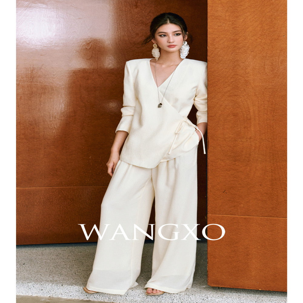 WANGXO Texture Touching Cotton Drawstring Satin Deconstructed Cross Collar Strap Waist Top u0026High Waist Wide Leg Pants image 0