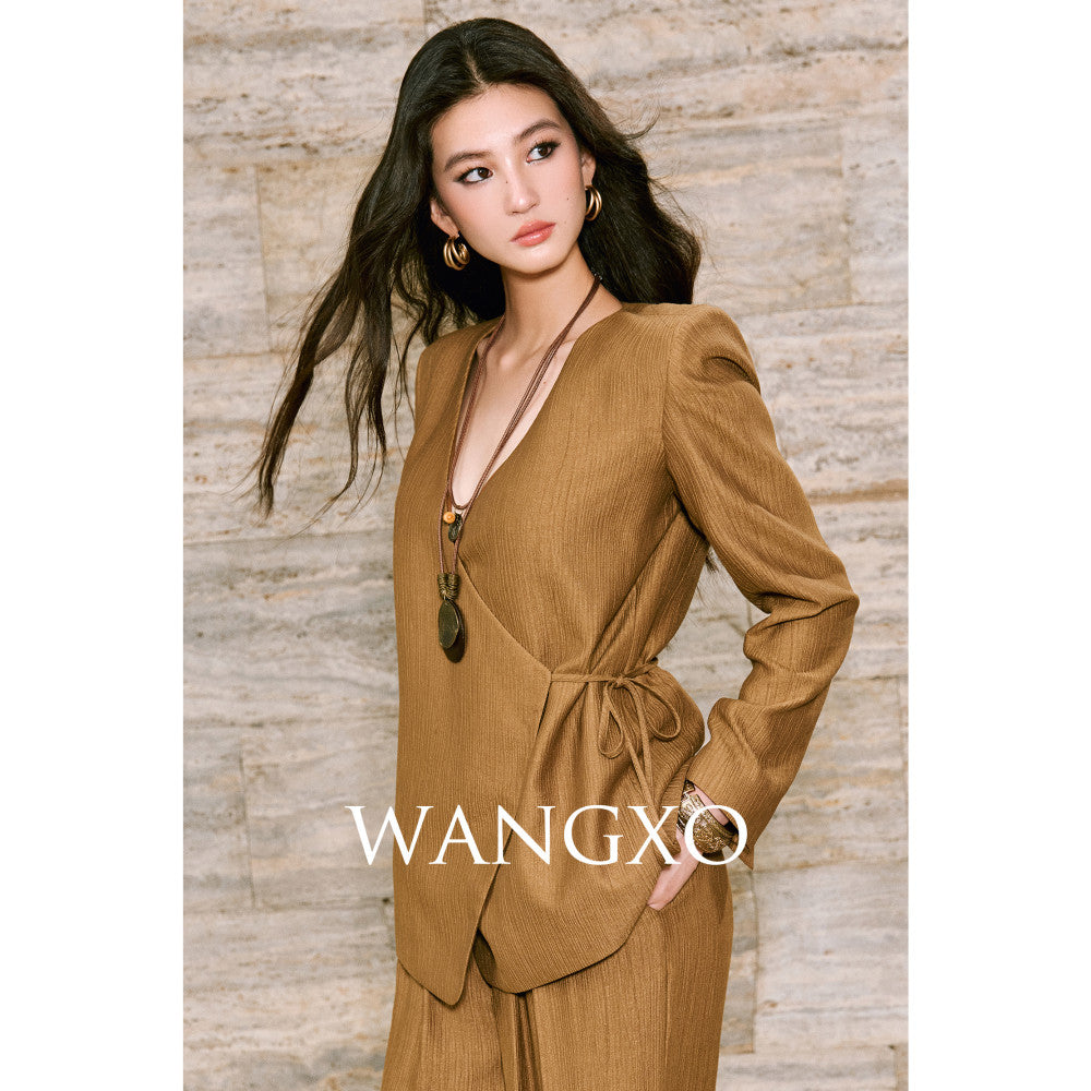 WANGXO Texture Touching Cotton Drawstring Satin Deconstructed Cross Collar Strap Waist Top u0026High Waist Wide Leg Pants image 8