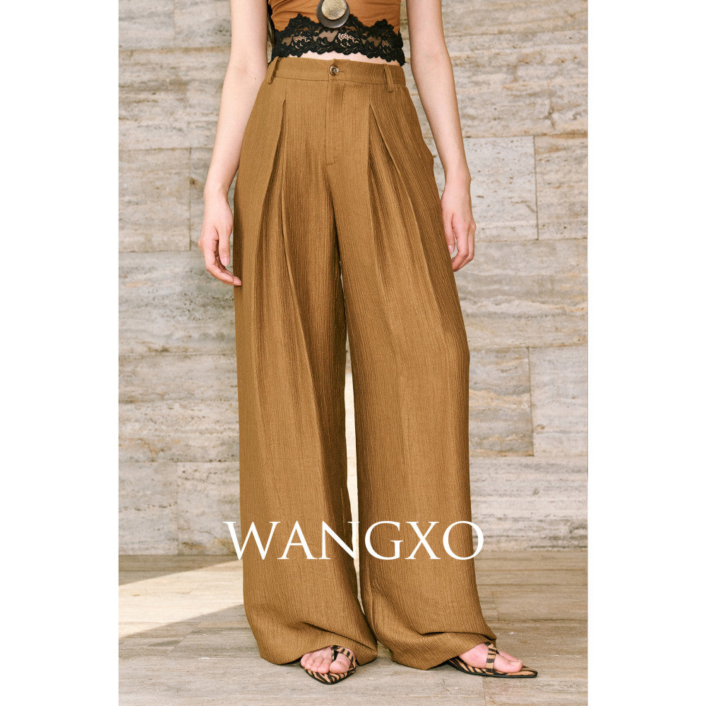 WANGXO Texture Touching Cotton Drawstring Satin Deconstructed Cross Collar Strap Waist Top u0026High Waist Wide Leg Pants image 16