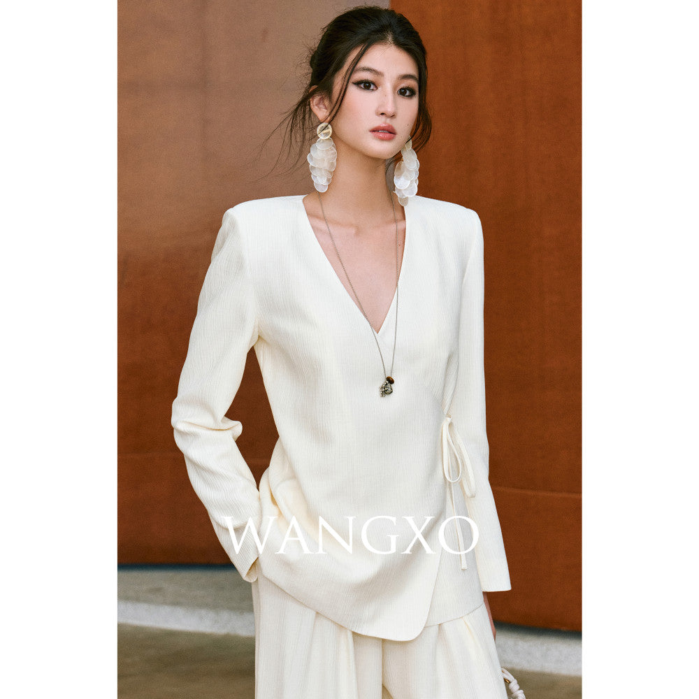 WANGXO Texture Touching Cotton Drawstring Satin Deconstructed Cross Collar Strap Waist Top u0026High Waist Wide Leg Pants image 19