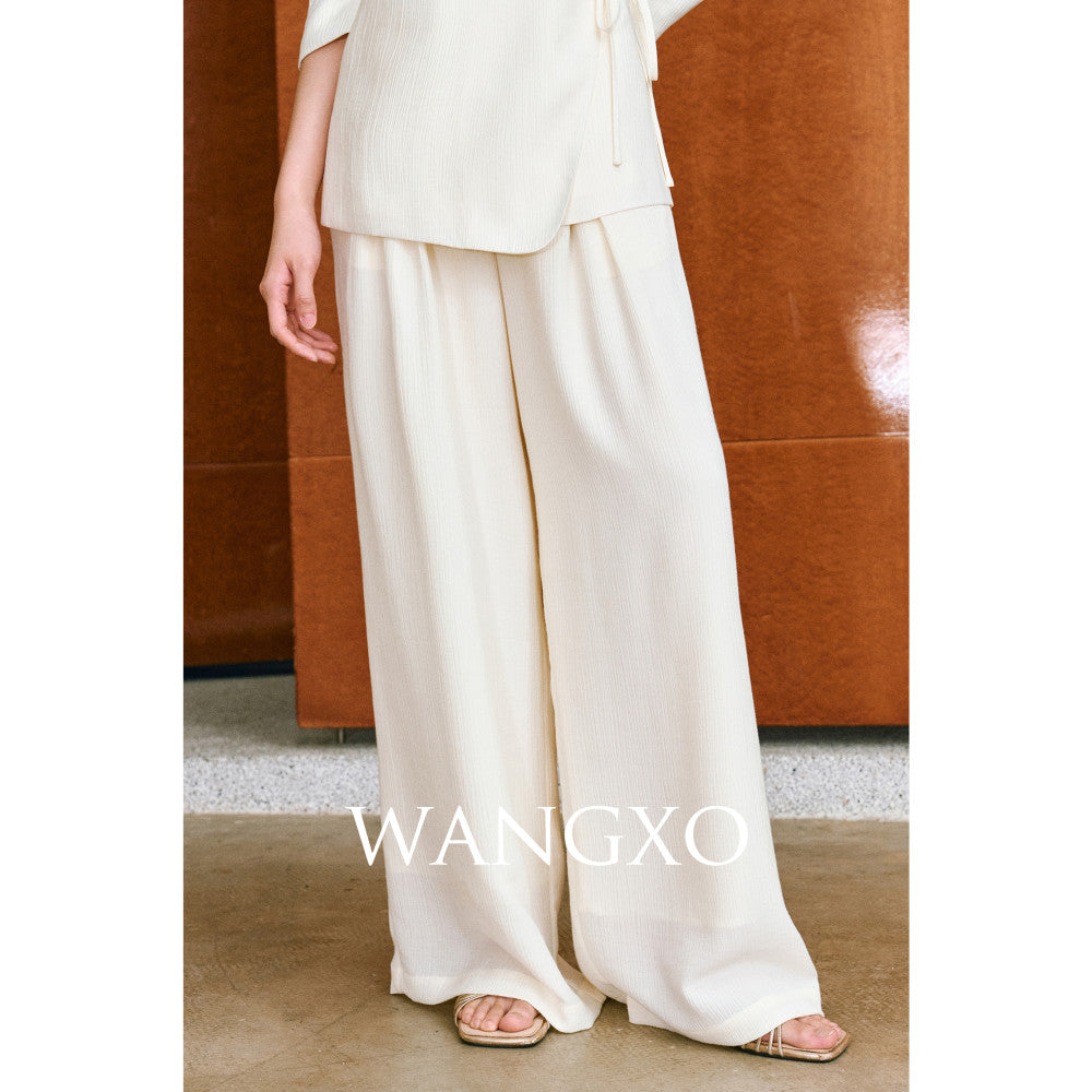 WANGXO Texture Touching Cotton Drawstring Satin Deconstructed Cross Collar Strap Waist Top u0026High Waist Wide Leg Pants image 24