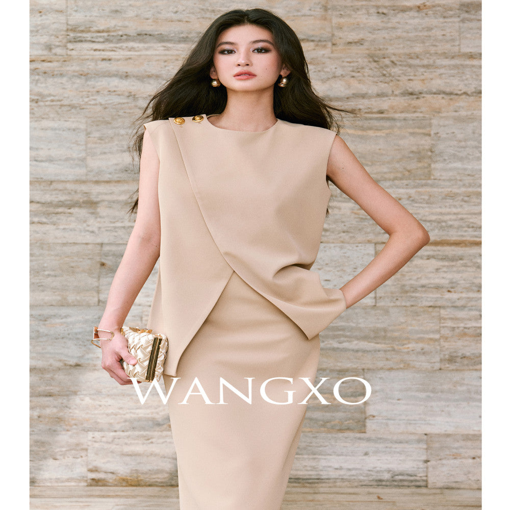 WANGXO Imported twisted drape fabric Elegant commuting slanted placket with pleated slit vest half skirt set image 2