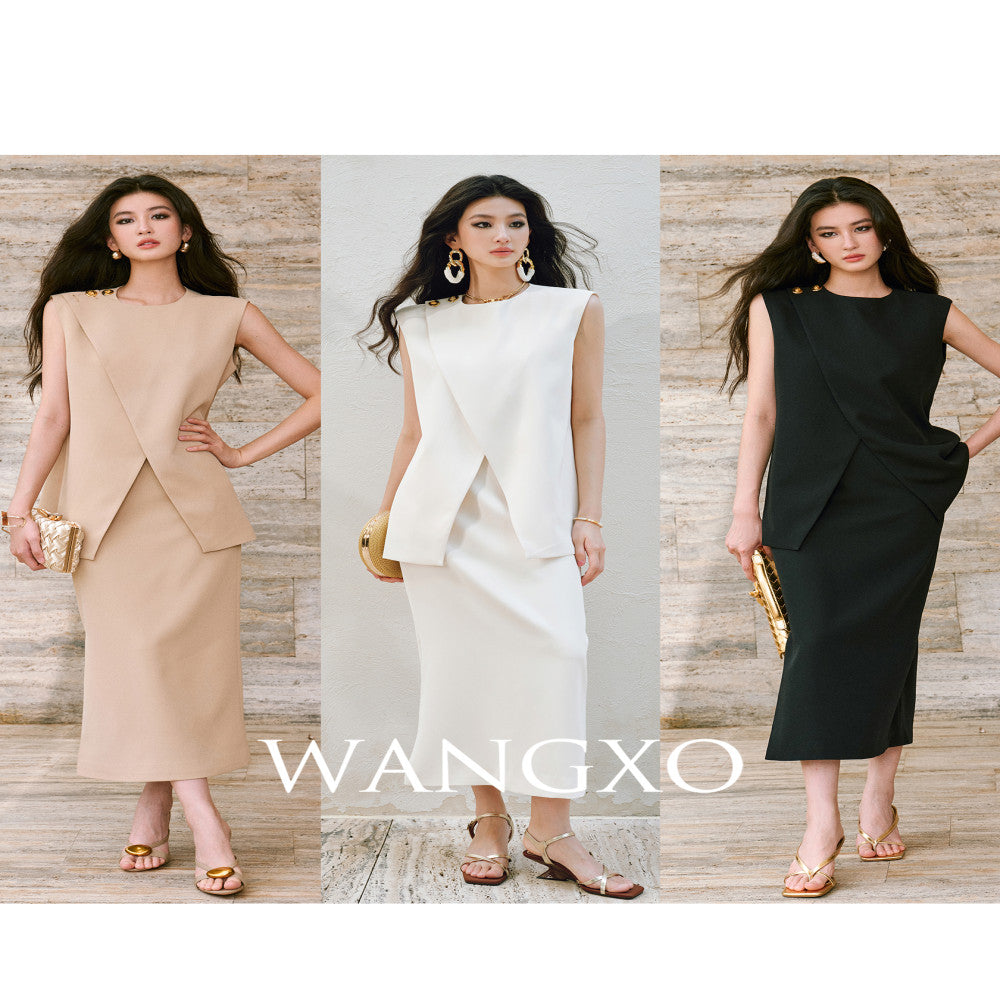 WANGXO Imported twisted drape fabric Elegant commuting slanted placket with pleated slit vest half skirt set image 3