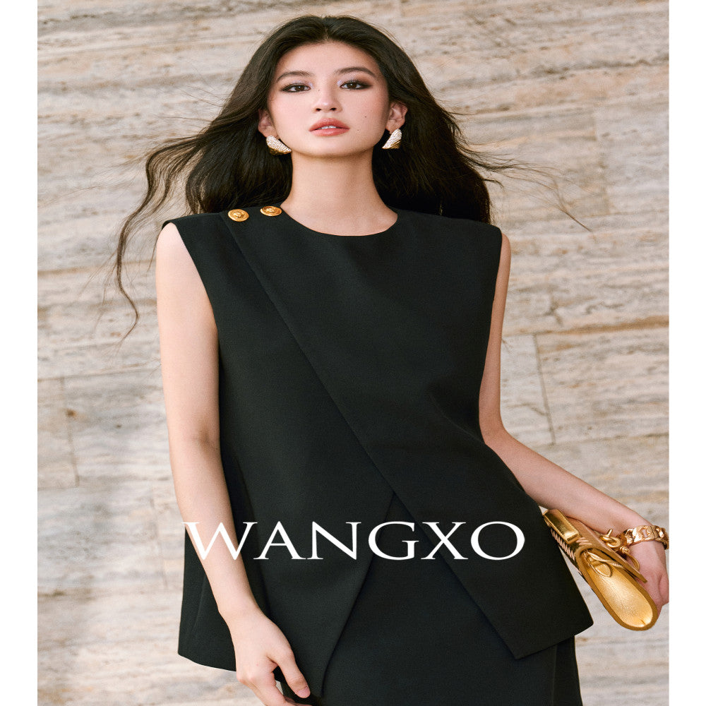 WANGXO Imported twisted drape fabric Elegant commuting slanted placket with pleated slit vest half skirt set image 4