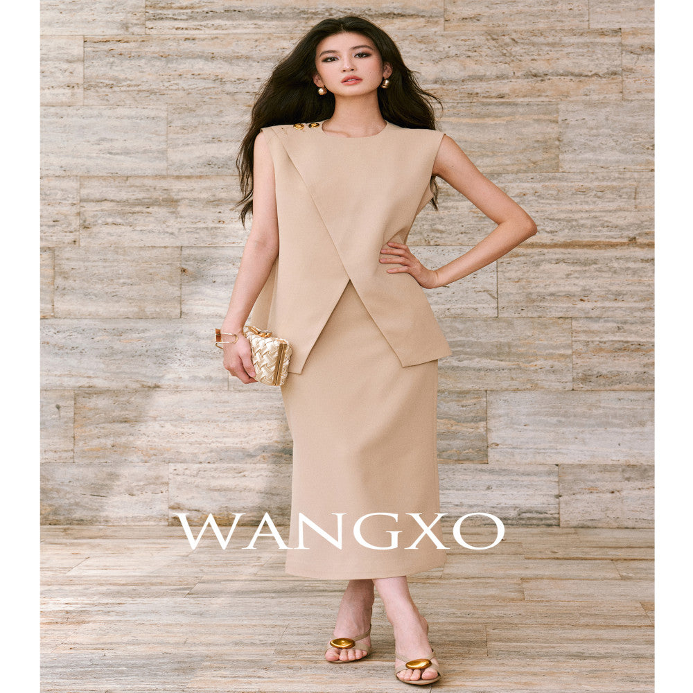 WANGXO Imported twisted drape fabric Elegant commuting slanted placket with pleated slit vest half skirt set image 5