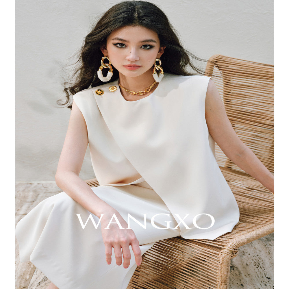 WANGXO Imported twisted drape fabric Elegant commuting slanted placket with pleated slit vest half skirt set image 0