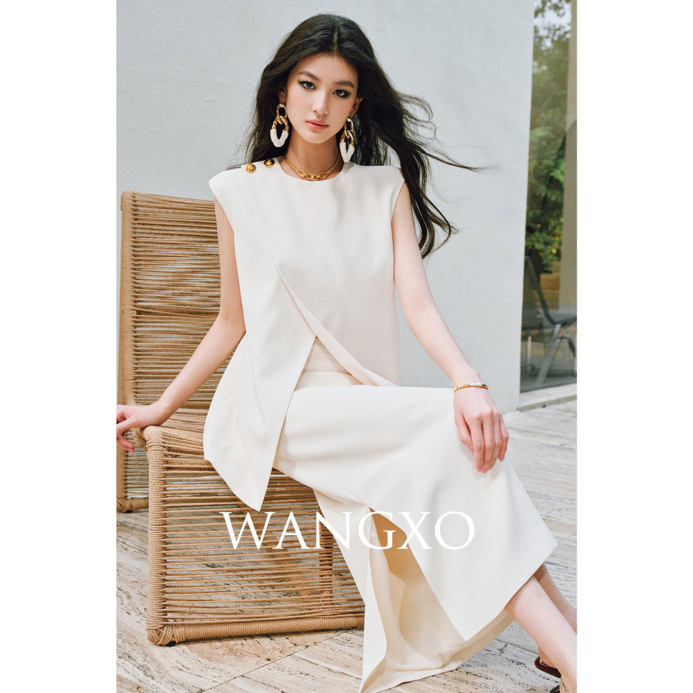 WANGXO Imported twisted drape fabric Elegant commuting slanted placket with pleated slit vest half skirt set image 8