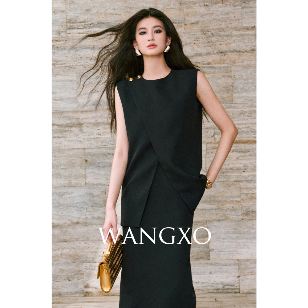 WANGXO Imported twisted drape fabric Elegant commuting slanted placket with pleated slit vest half skirt set image 12
